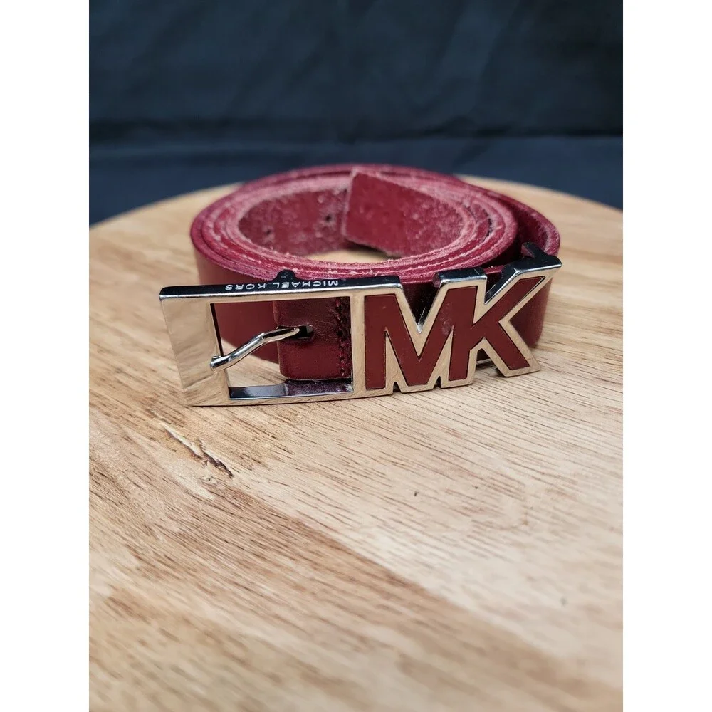 Michael Kors Red Leather Belt With Silver MK Buckle Size Large